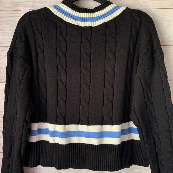 Balboa Fashion Cable Knit Tennis Sweater Black Blue Striped Crop With Tag Size L - Picture 8 of 16